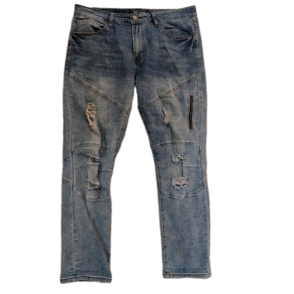 Fire & Rain Mens Jeans 36x30 Distressed Moto Biker Light Wash Stretch Denim
